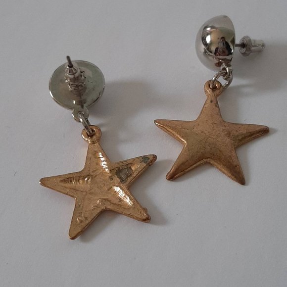 Vtg Gold & Silver Star Dangle Studs Statement Celestial Costume Earrings - Picture 3 of 4